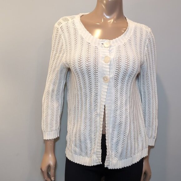 Jones New York Open Knit Cardigan Sweater Long Sleeve White Buttoned Size Medium - Picture 11 of 13
